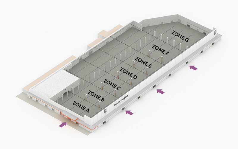 Plan du Hall 3 découpé en zones