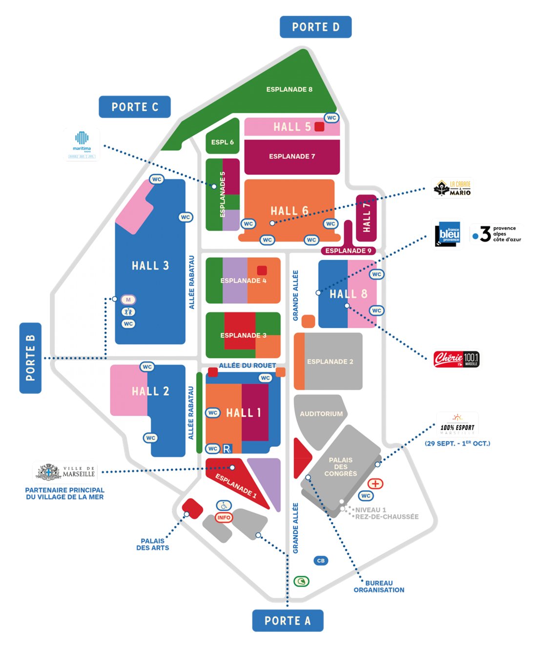 Plan du Parc Chanot avec les halls, les portes et le métro